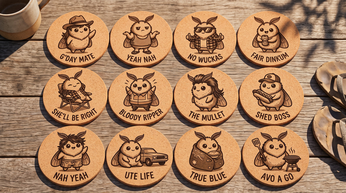 12 Cute Bogan Moth Cork Coasters